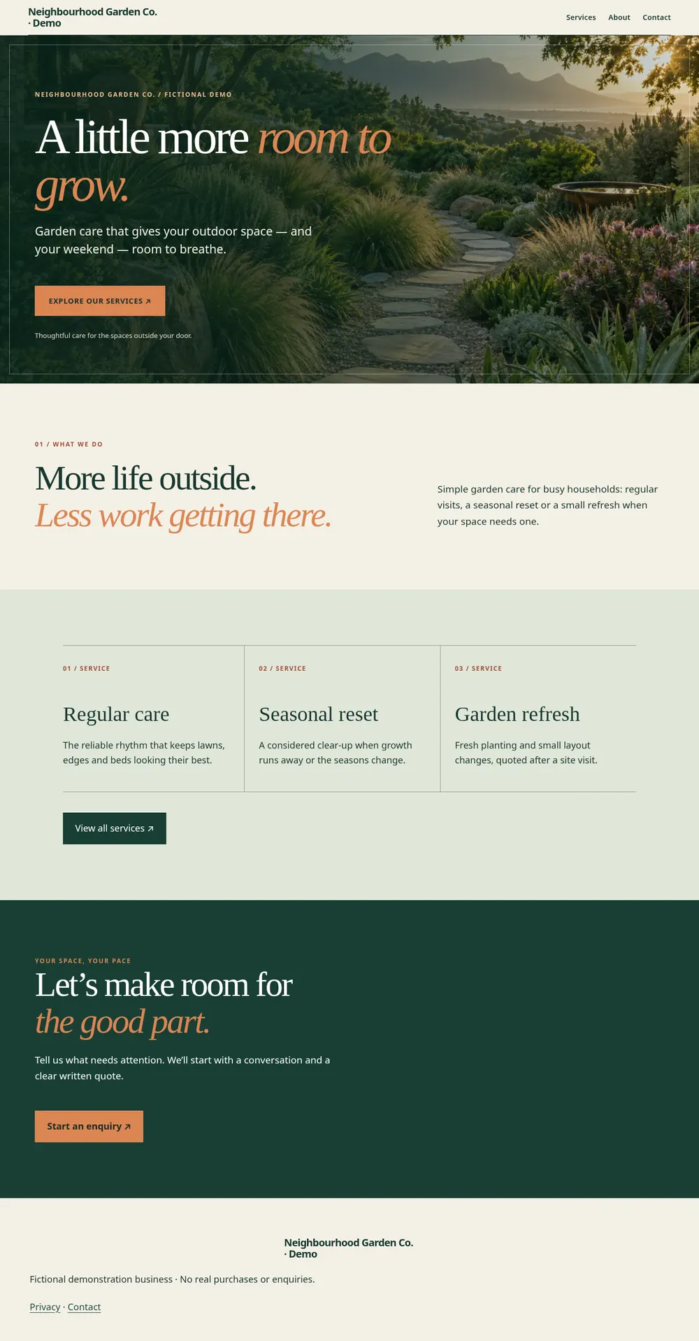 Screenshot of the fictional garden website at laptop width, showing a full-width photographic hero and service sections
