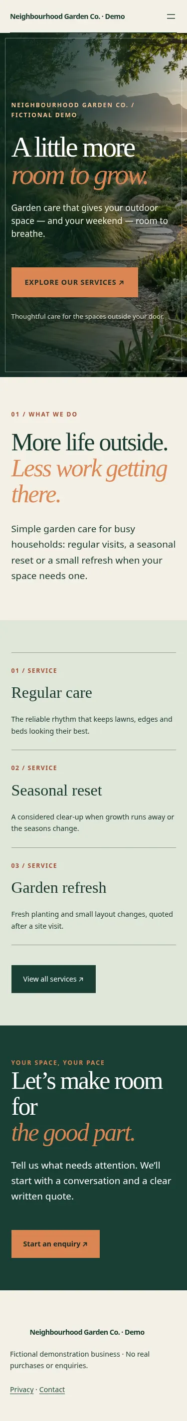 Screenshot of the fictional garden website on a narrow mobile screen