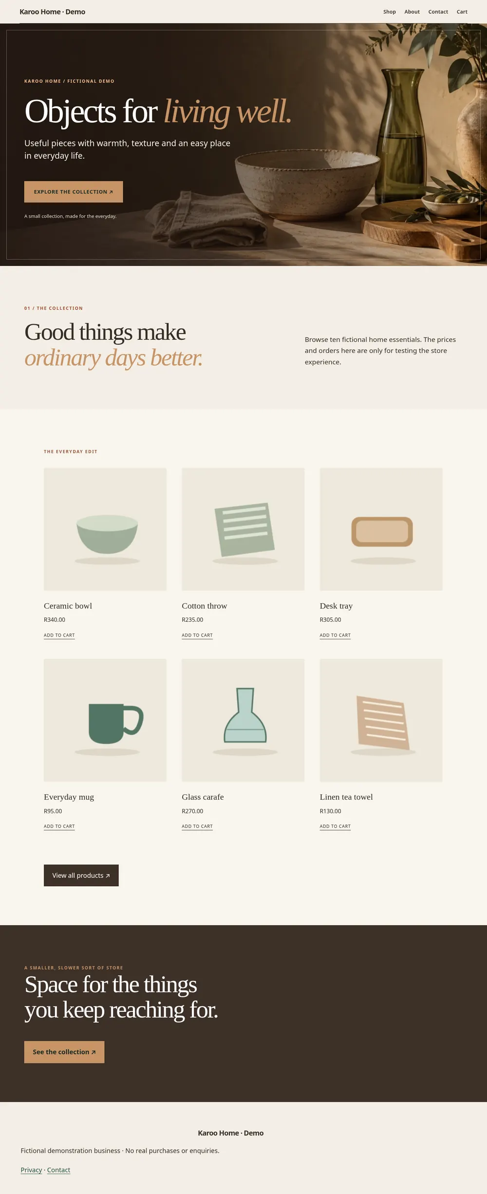 Screenshot of the fictional homewares store at laptop width, showing a full-width photographic hero and sample products