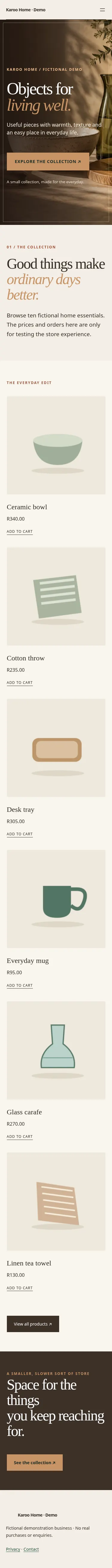 Screenshot of the fictional homewares store on a narrow mobile screen