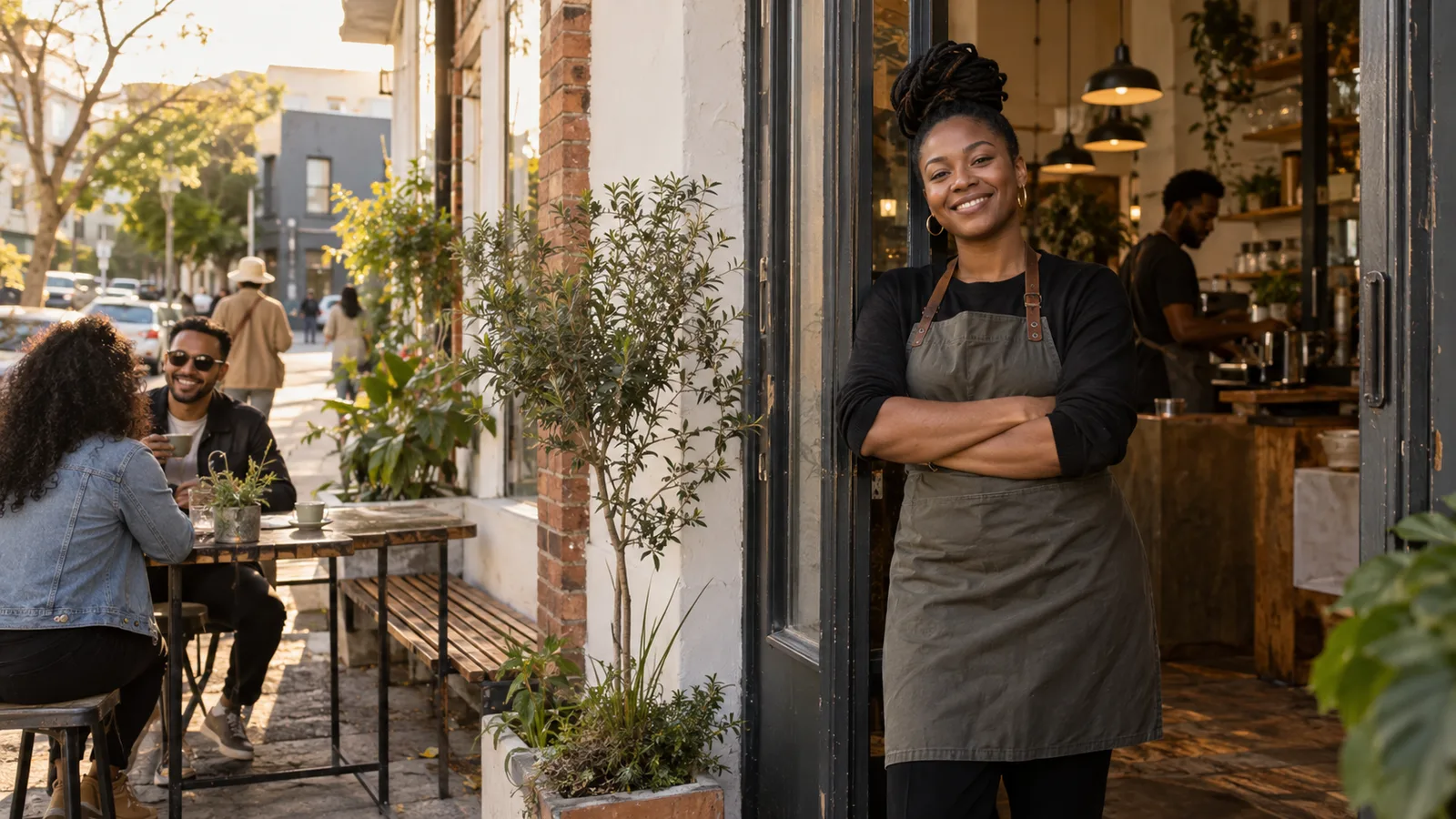 Illustrative scene of a small business owner outside a neighbourhood café